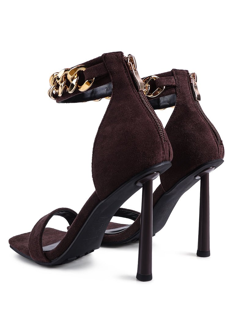 Last Sip Micro Suede High Heel Sandals - Metallic Chain Detail Stilettos - Style Queenz