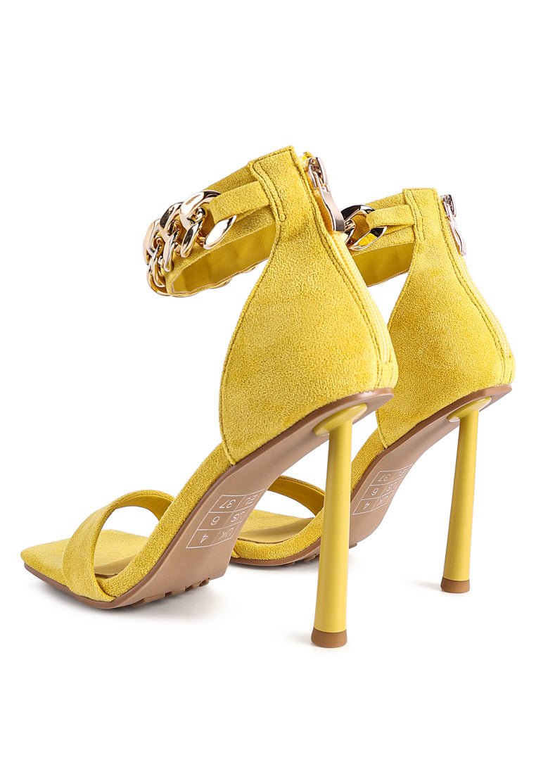 Last Sip Micro Suede High Heel Sandals - Metallic Chain Detail Stilettos - Style Queenz