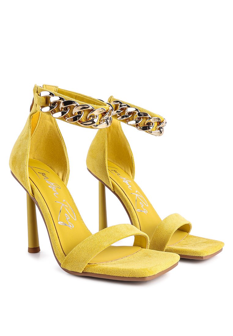 Last Sip Micro Suede High Heel Sandals - Metallic Chain Detail Stilettos - Style Queenz
