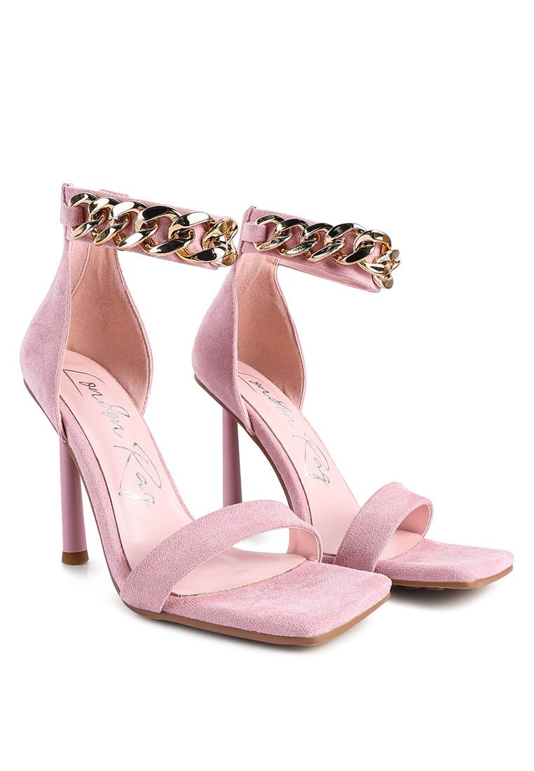 Last Sip Micro Suede High Heel Sandals - Metallic Chain Detail Stilettos - Style Queenz