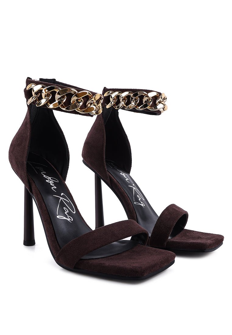 Last Sip Micro Suede High Heel Sandals - Metallic Chain Detail Stilettos - Style Queenz