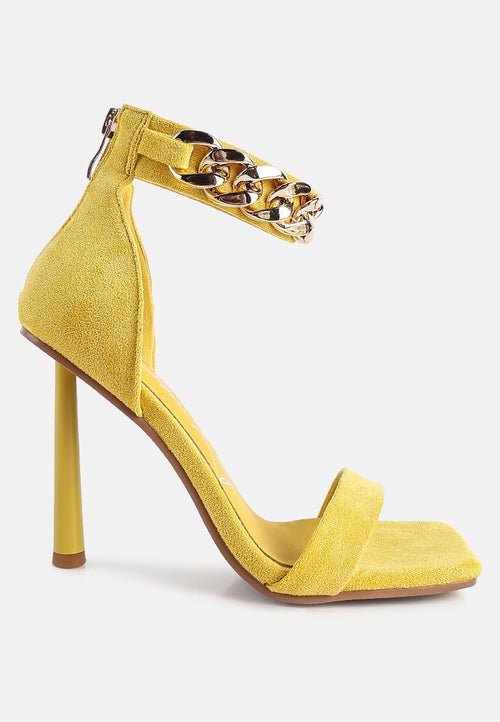 Last Sip Micro Suede High Heel Sandals - Metallic Chain Detail Stilettos - Style Queenz