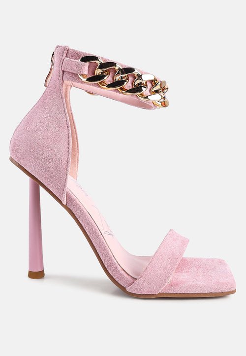 Last Sip Micro Suede High Heel Sandals - Metallic Chain Detail Stilettos - Style Queenz