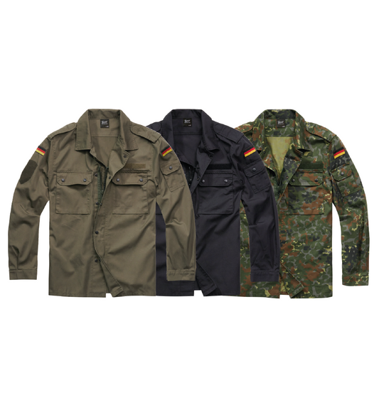 Three military-style jackets in different colors on a white background