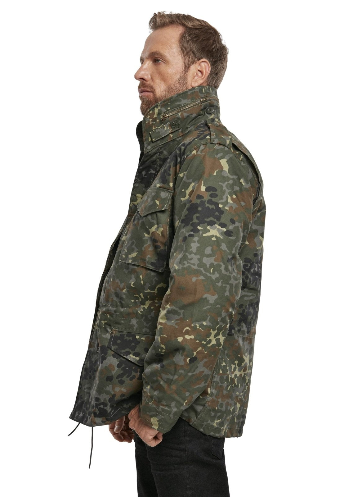 Man wearing a camouflage jacket on a white background