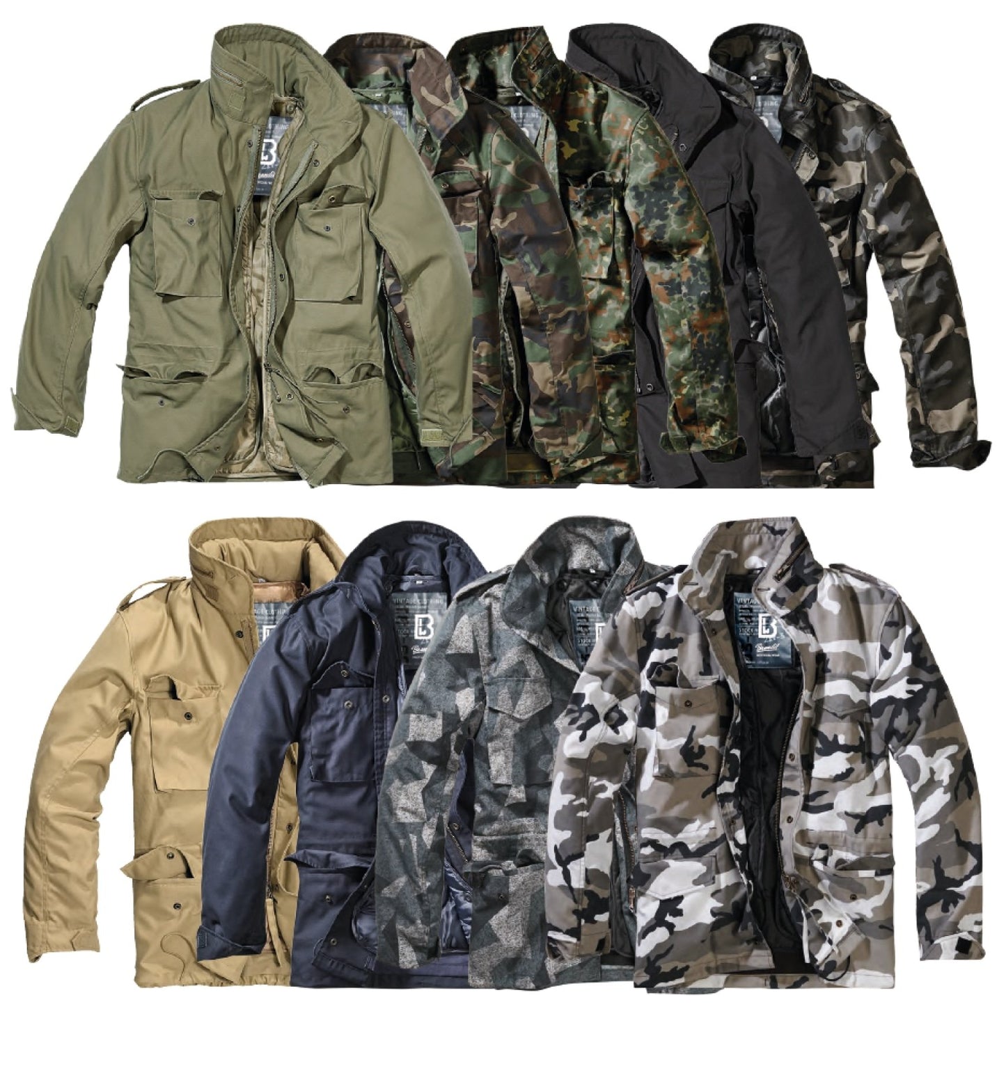 Collection of various camouflage jackets on a white background