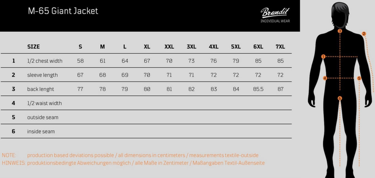 Measurement chart for M-65 Giant Jacket with size chart and mannequin illustration.