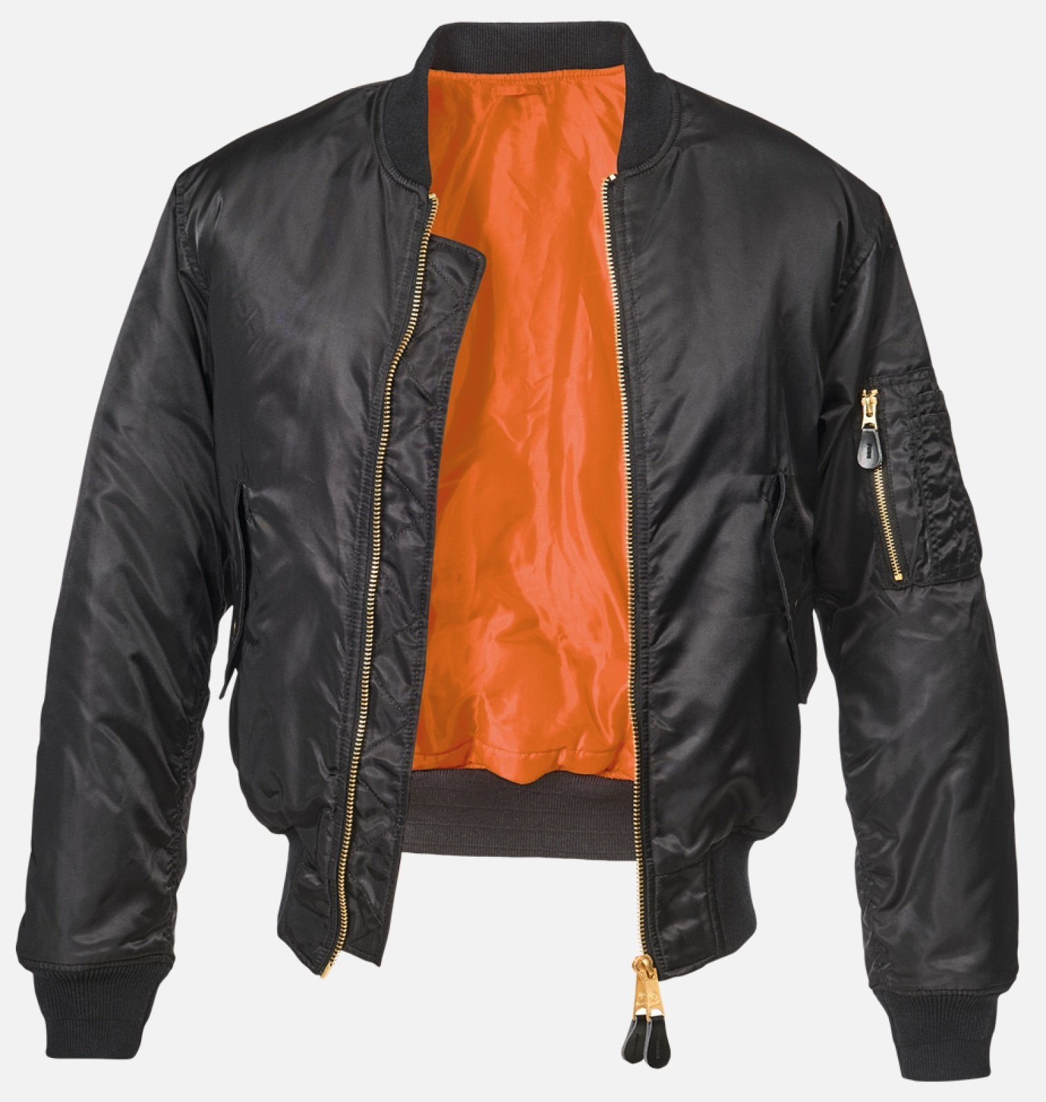 Black bomber jacket with orange interior on a white background