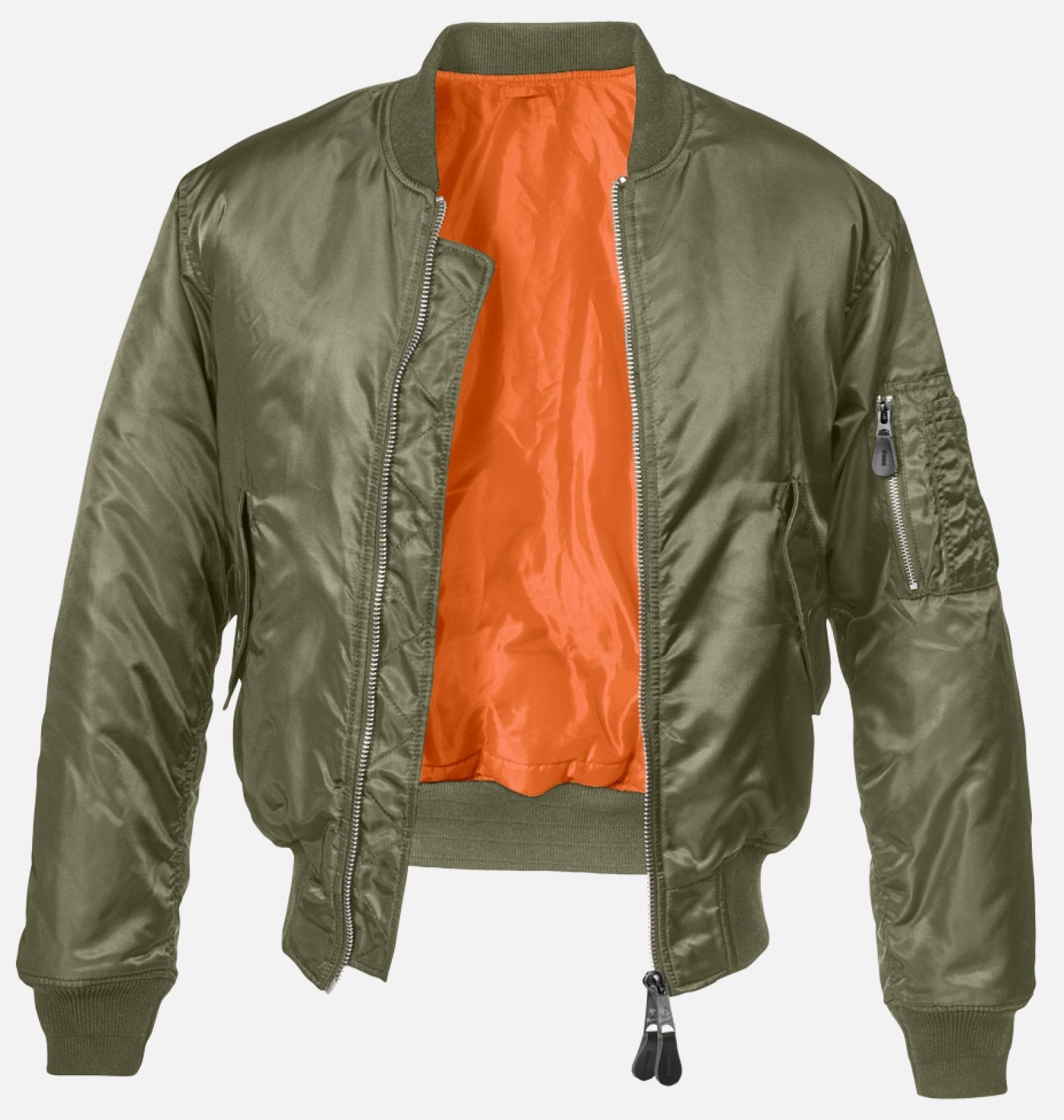Green bomber jacket with orange interior on a white background