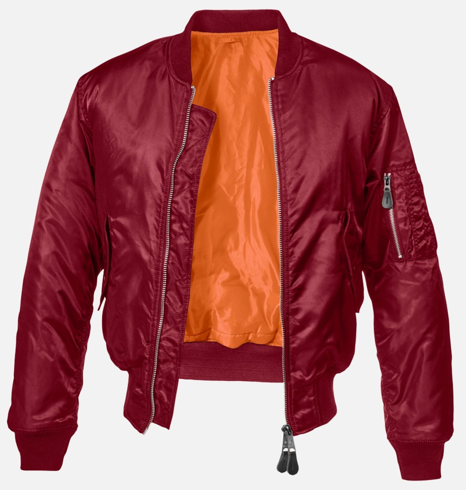 Red bomber jacket with orange lining on a white background