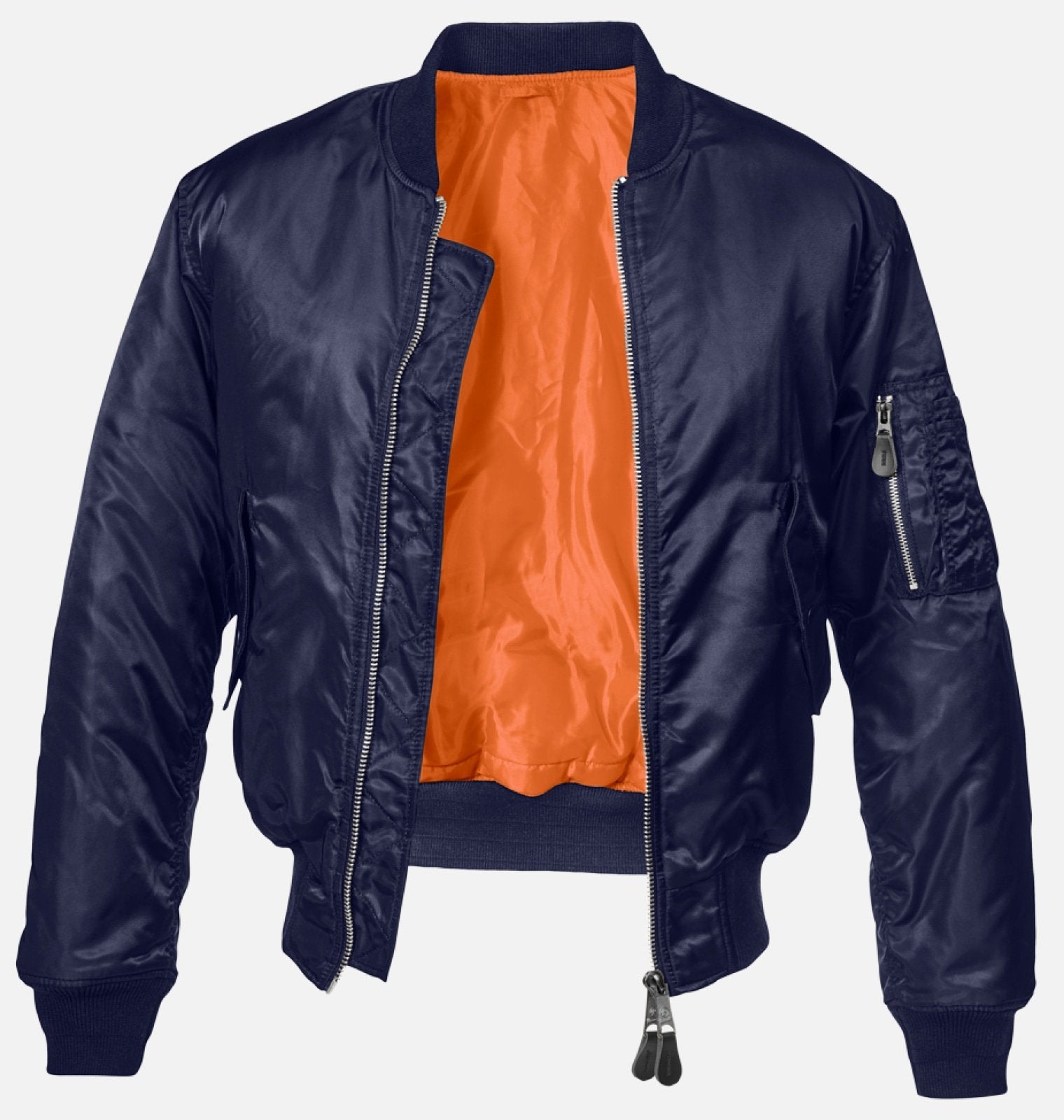 Navy blue bomber jacket with orange interior on a white background