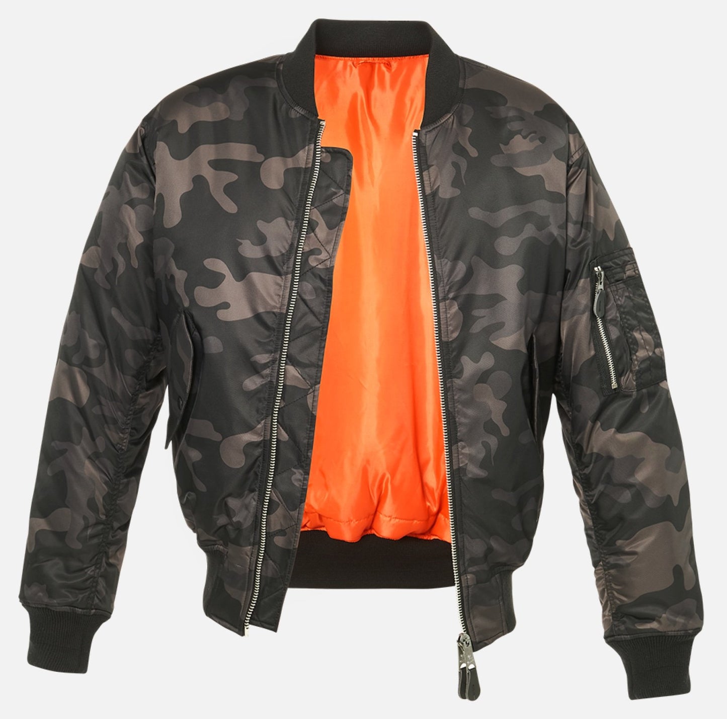 Camouflage jacket with orange interior on a white background