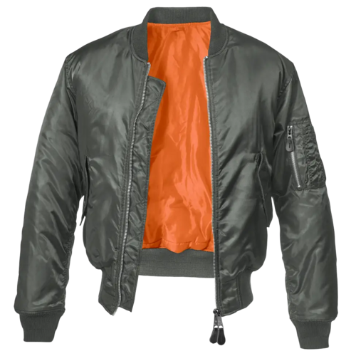 Gray bomber jacket with orange lining on a white background