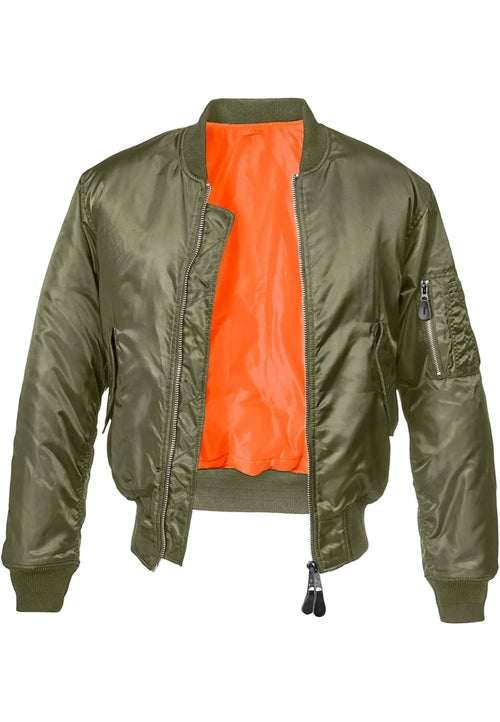 Green bomber jacket with orange lining on a white background