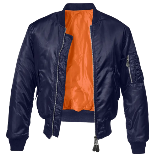 Navy blue bomber jacket with orange interior on a white background