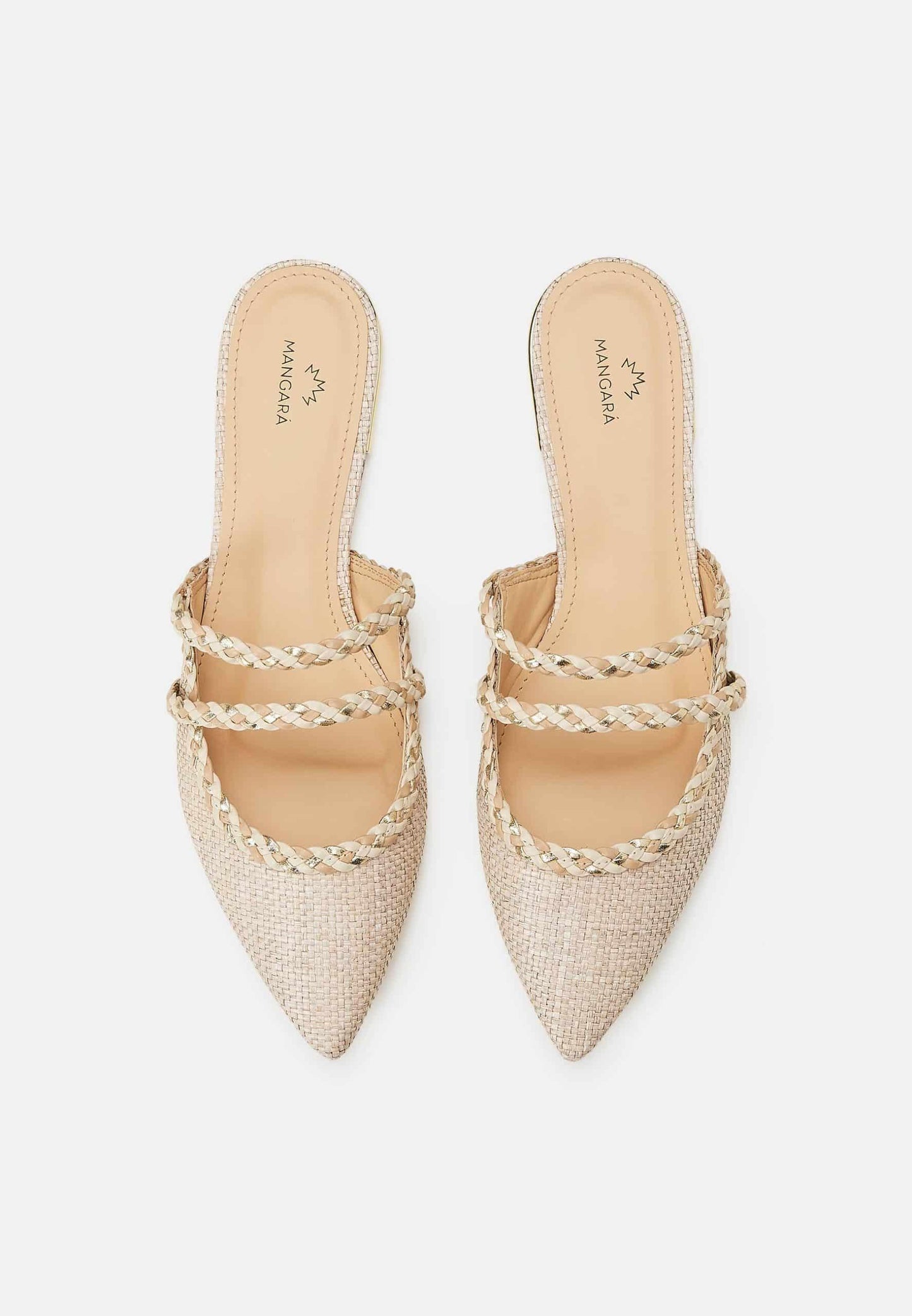 Pair of pointed-toe shoes with woven straps on a white background