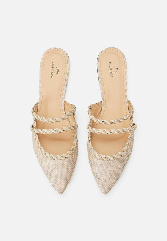 Pair of pointed-toe shoes with woven straps on a white background