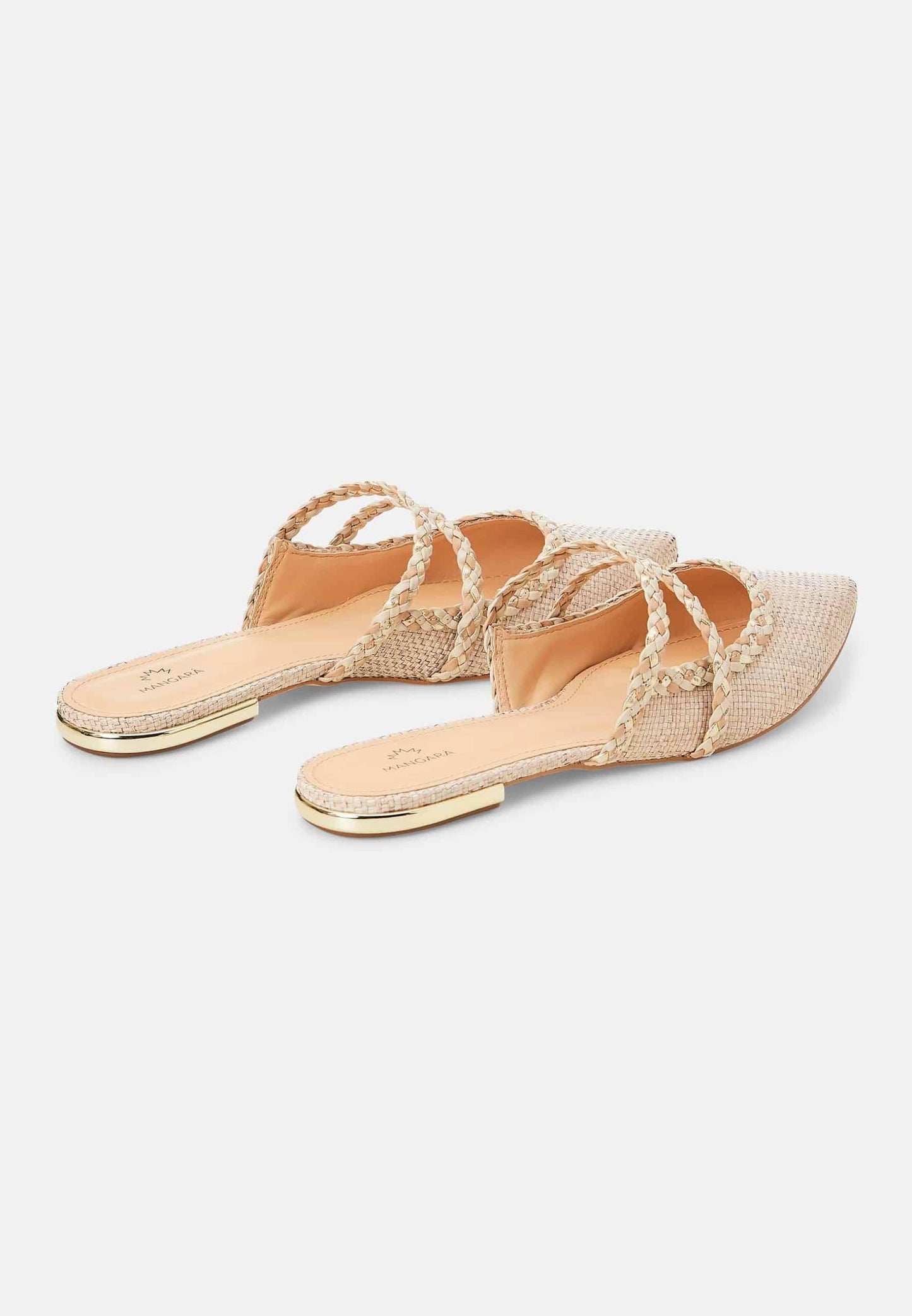 Pair of flat sandals with woven design on a white background