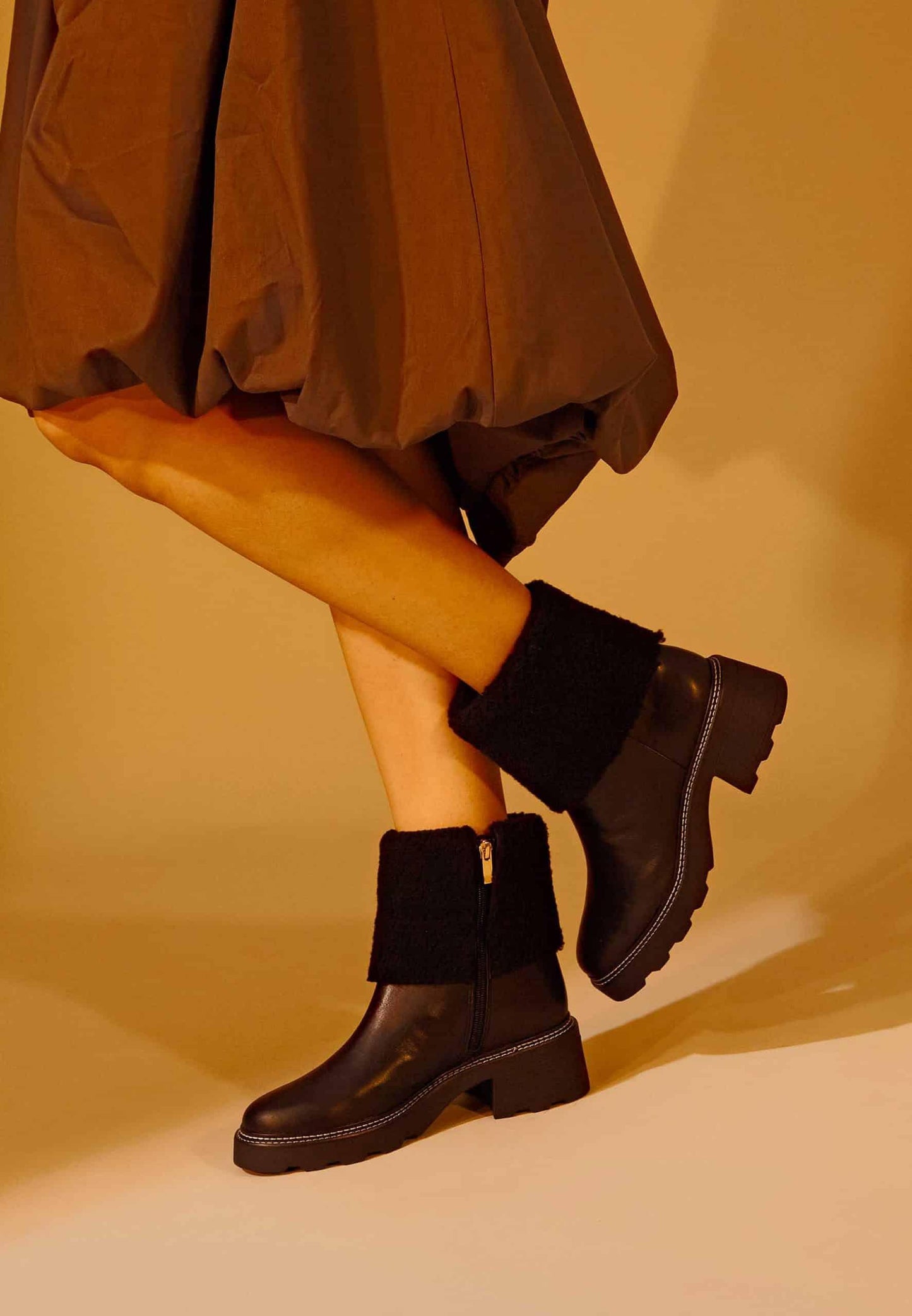 Black Leather Block Heel Ankle Boots