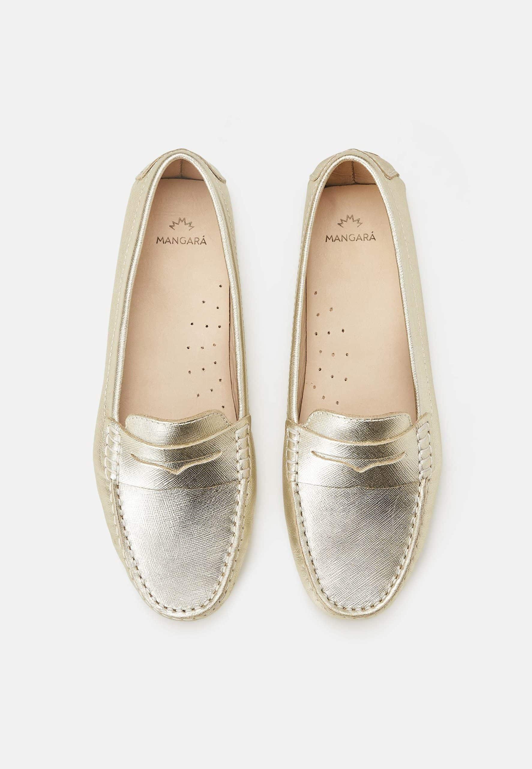 Pair of metallic loafers on a light gray background