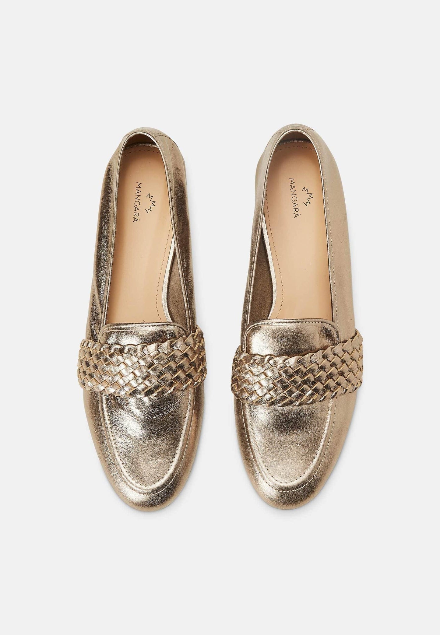 Pair of metallic loafers with woven detail on a white background