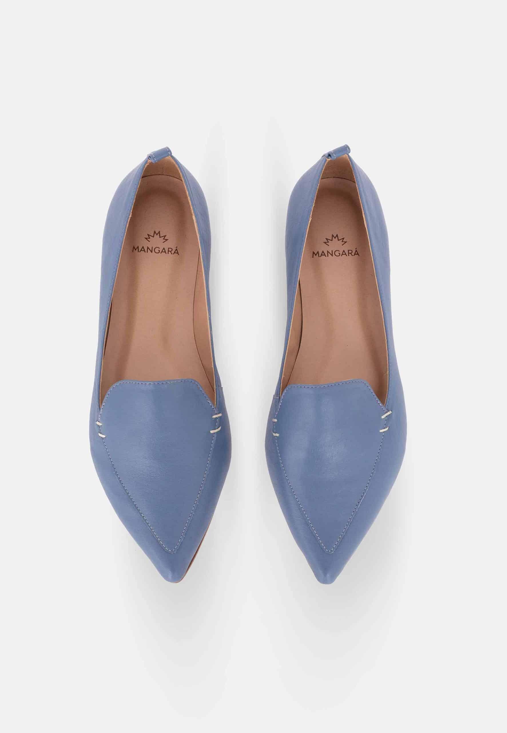 Pair of blue pointed-toe shoes on a white background