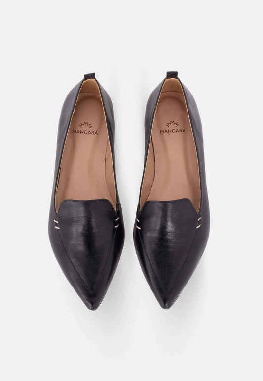 Pair of black pointed-toe flats on a white background