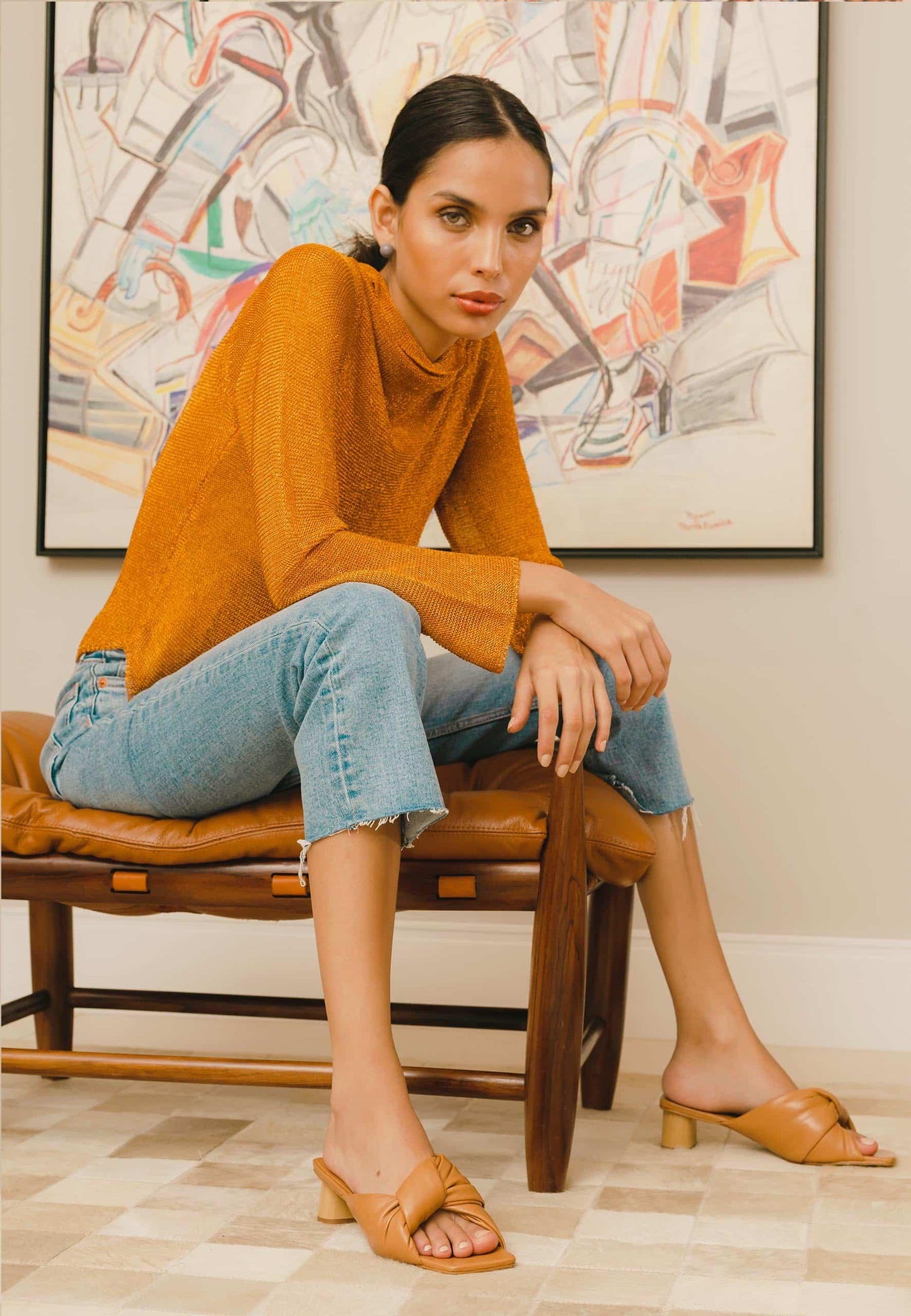 Women's Tan Leather Mules - 4cm Block Heel Slip-On