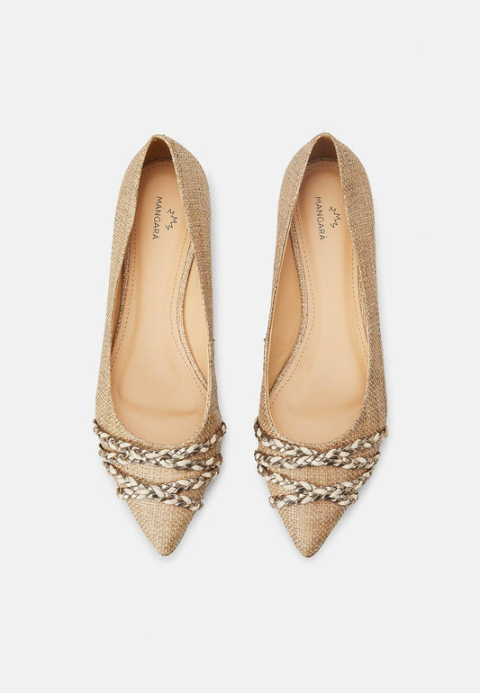 Pair of gold pointed-toe flats with chain details on a white background