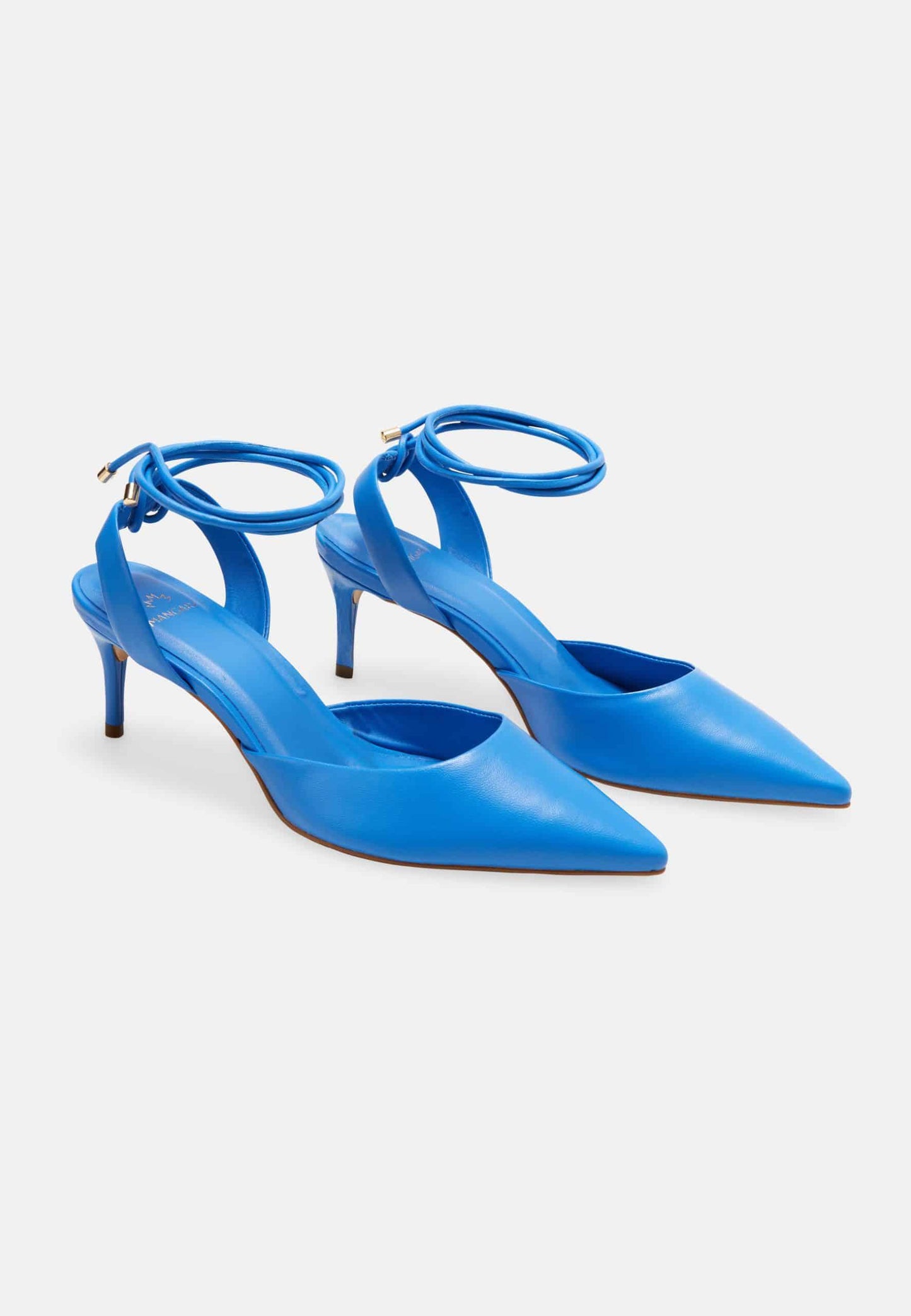 Pair of blue high-heeled shoes on a white background
