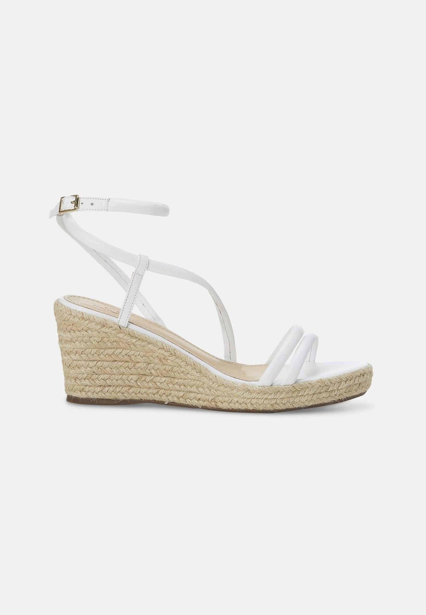 White wedge sandal with a jute sole on a white background