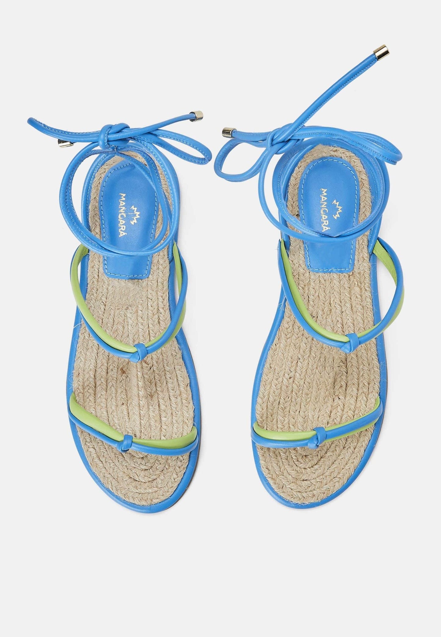 Blue Leather Lace-Up Sandals with Raffia Insole