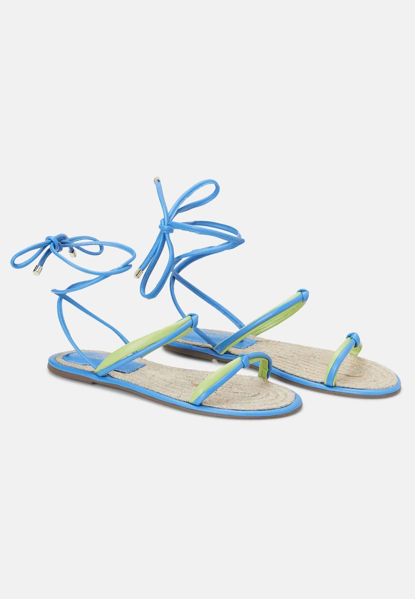 Blue Leather Lace-Up Sandals with Raffia Insole