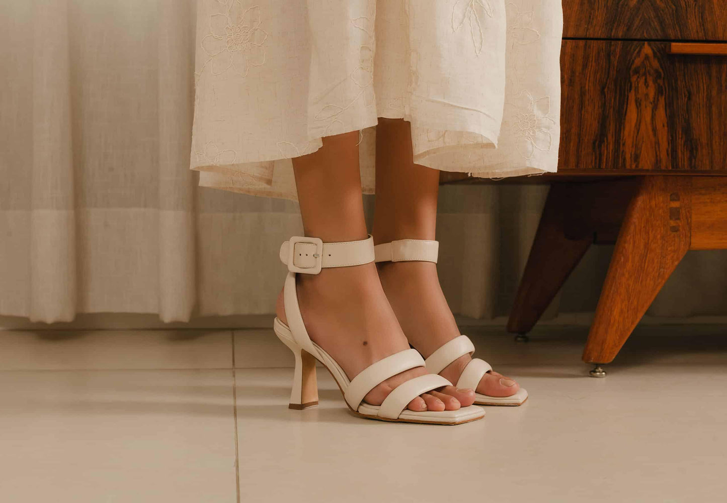 Leather Sculpted Heel Sandals with Strap Detail