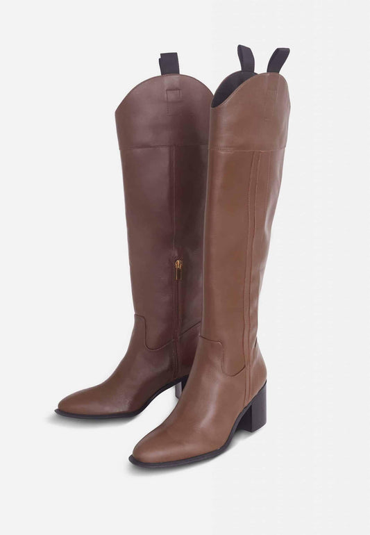 Pair of brown knee-high boots on a white background