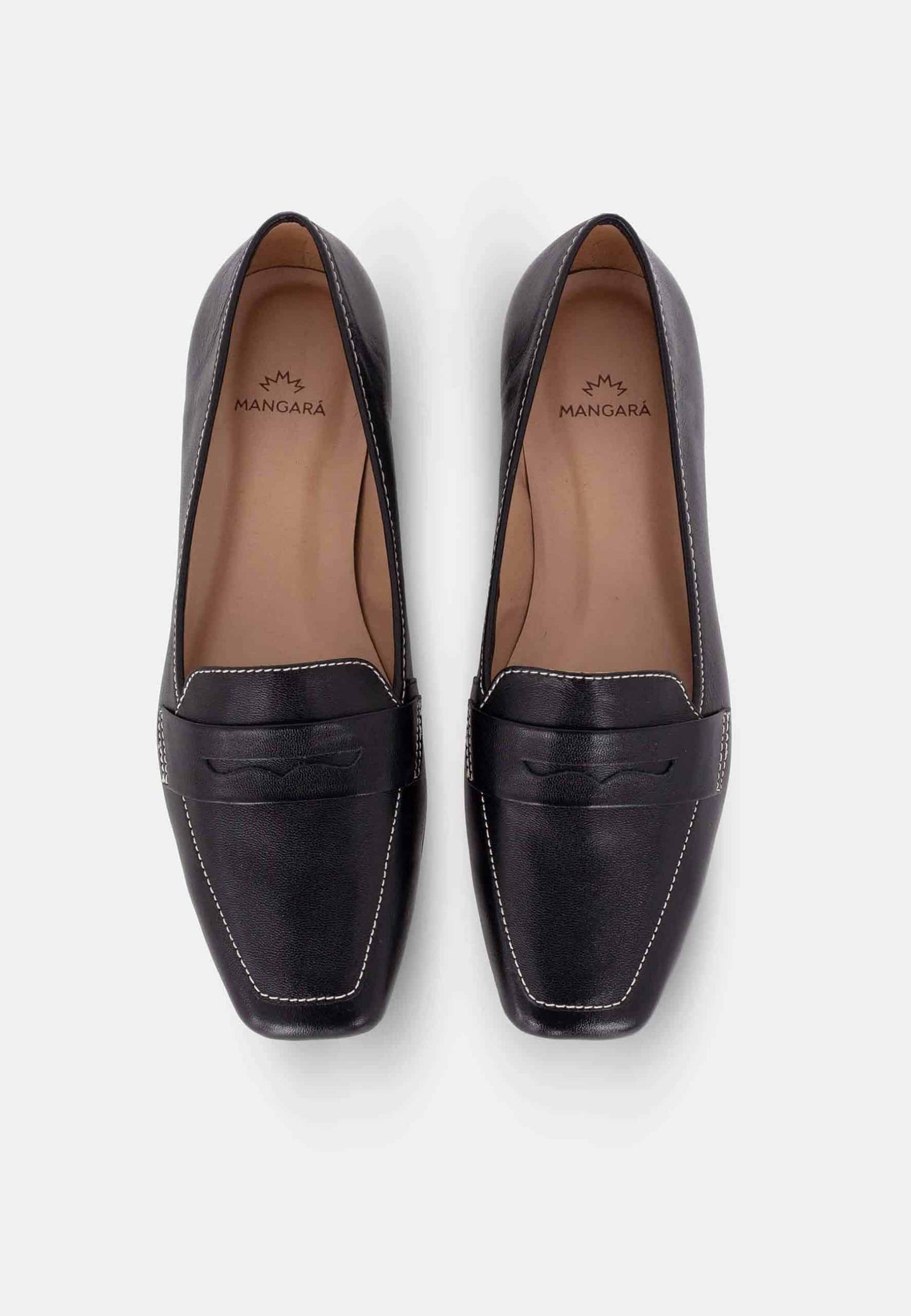 Pair of black loafers with branding on a white background