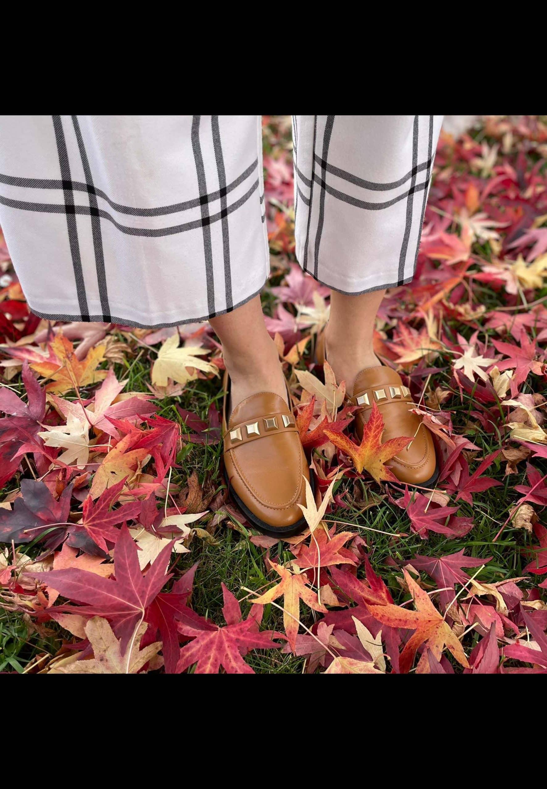 Person wearing brown shoes on a bed of autumn leaves