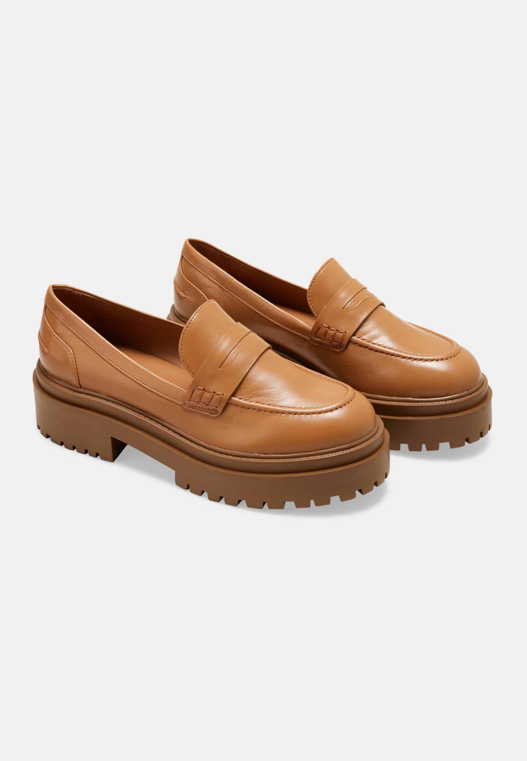 Pair of brown loafers on a white background