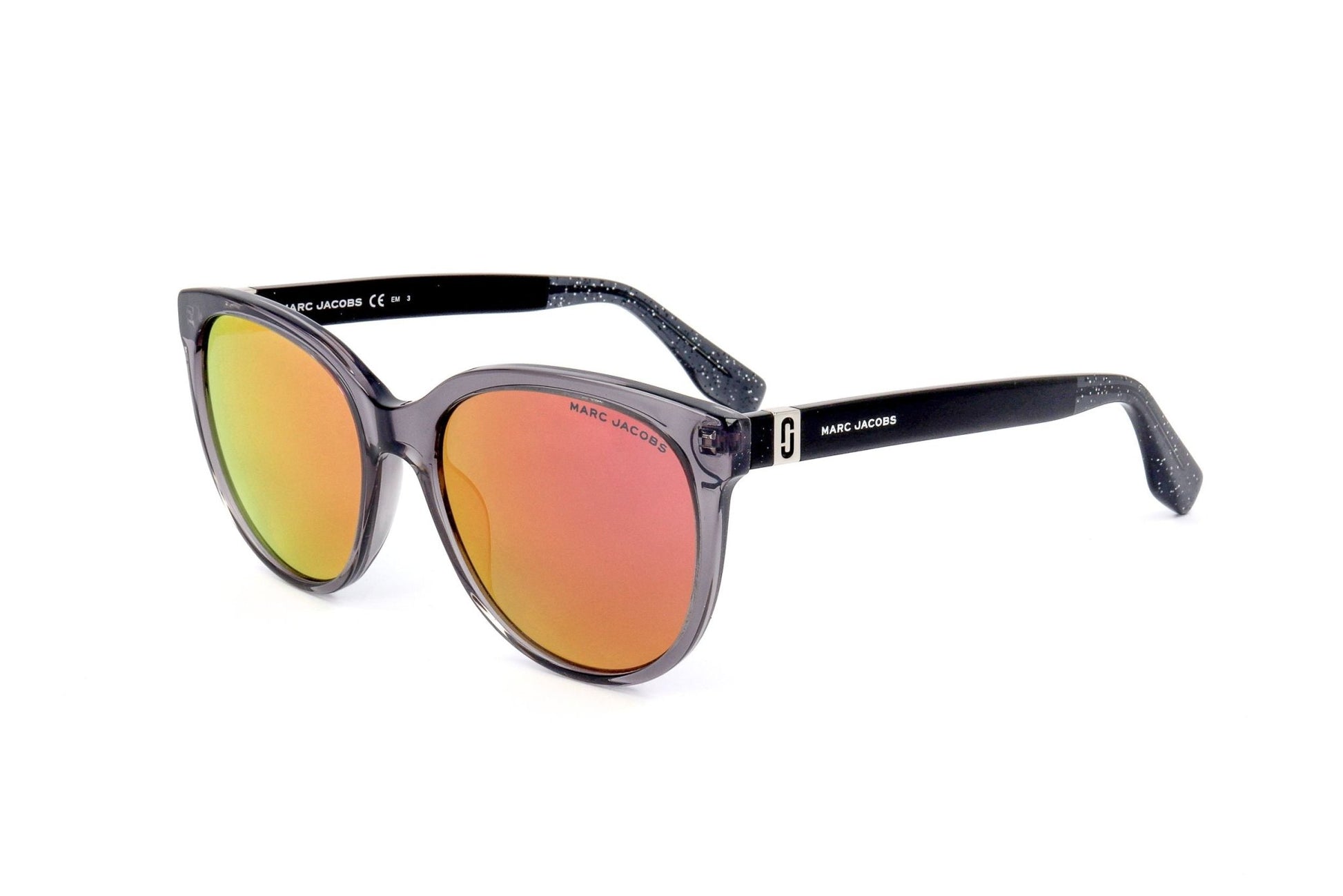 Sunglasses with orange lenses and black frame on a white background