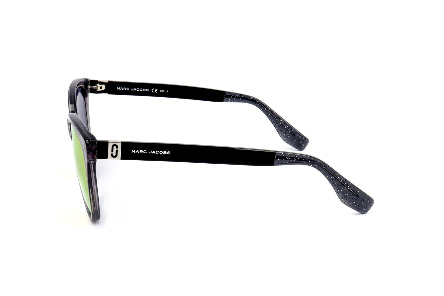 Black sunglasses with 'Marc Jacobs' branding on a white background