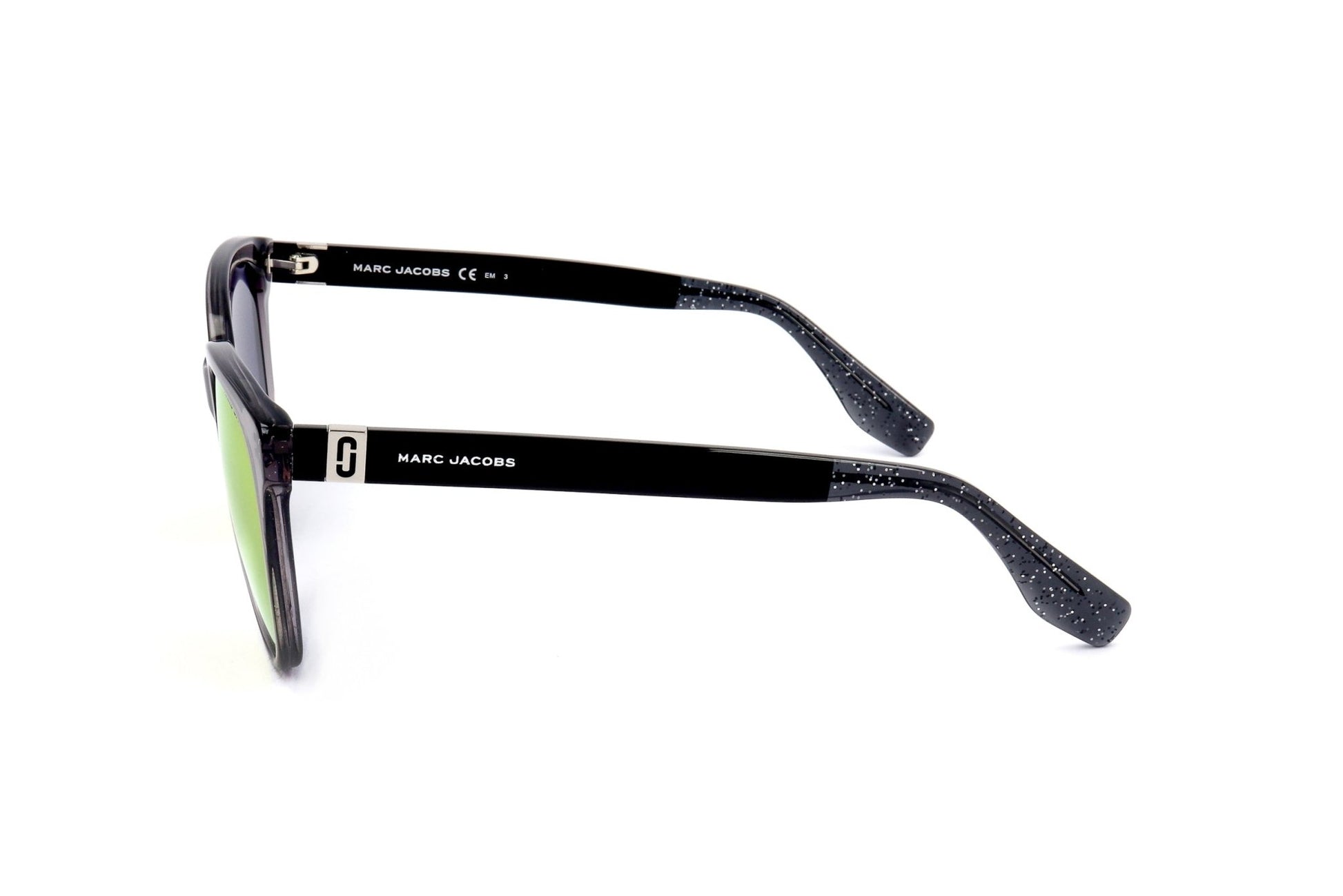 Black sunglasses with 'Marc Jacobs' branding on a white background