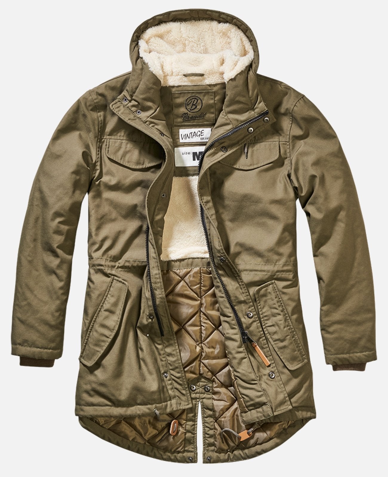 Green parka jacket with a white interior on a light gray background