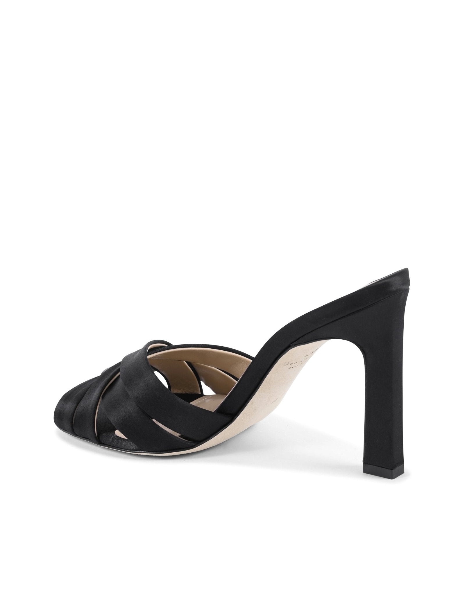 Megan R Satin Black Mules - Italian Designer Stiletto Heels 10cm with Crossing Straps - Style Queenz
