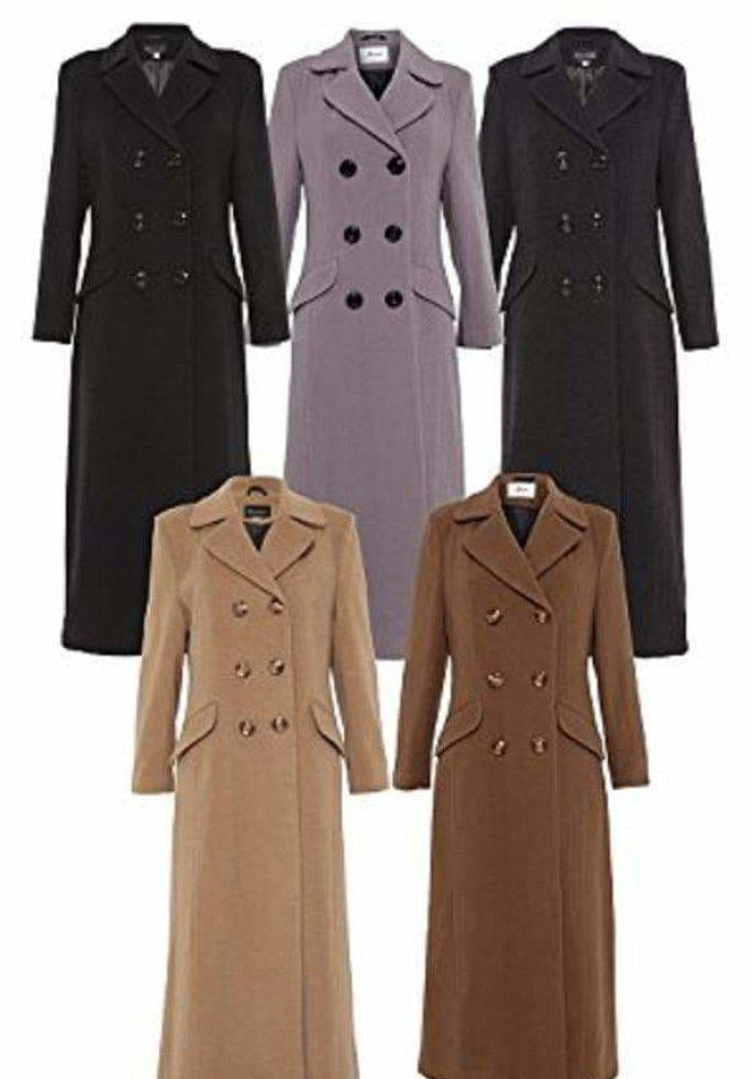 Collection of long coats in various colors on a white background