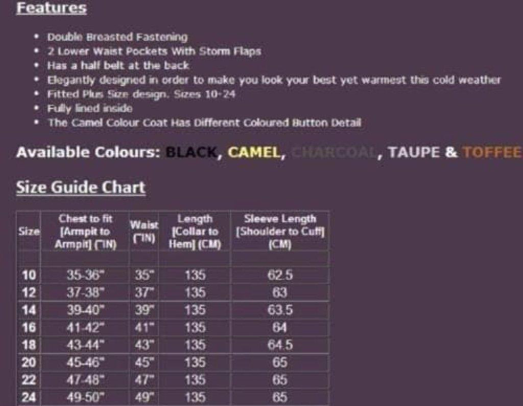 Product description and size guide chart for a coat with color options