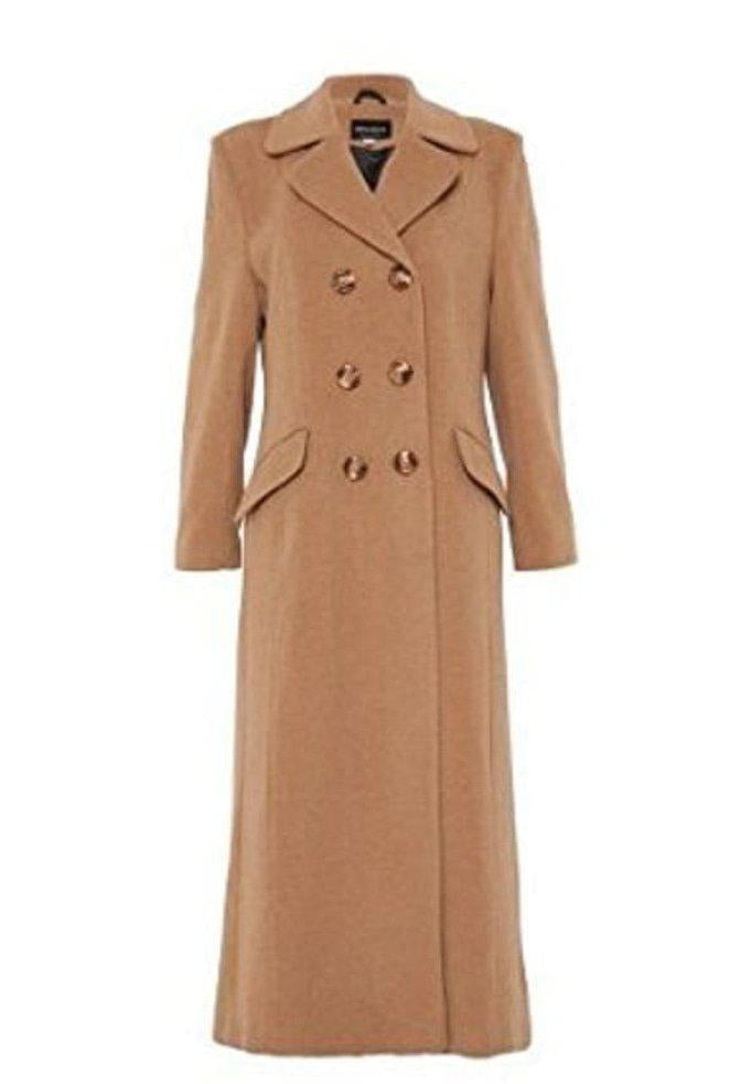 Tan overcoat with gold buttons on a white background