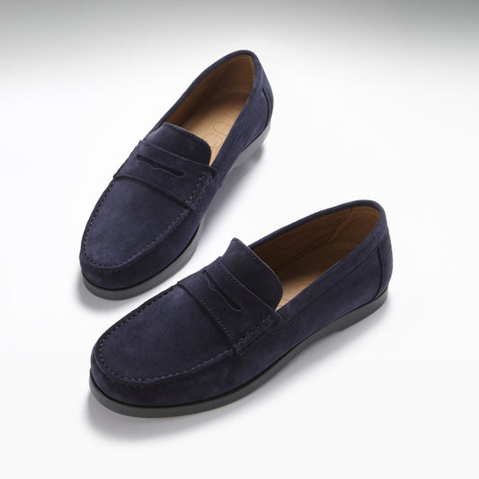 Navy Blue Suede Penny Loafers - Men's Boat Sole