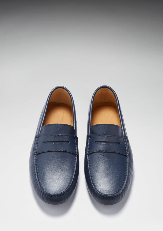 Men's French Navy Leather Penny Driving Loafers