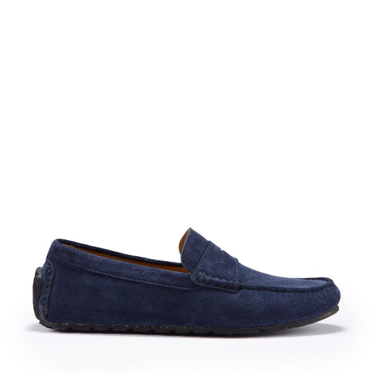Navy blue loafer shoe on a white background