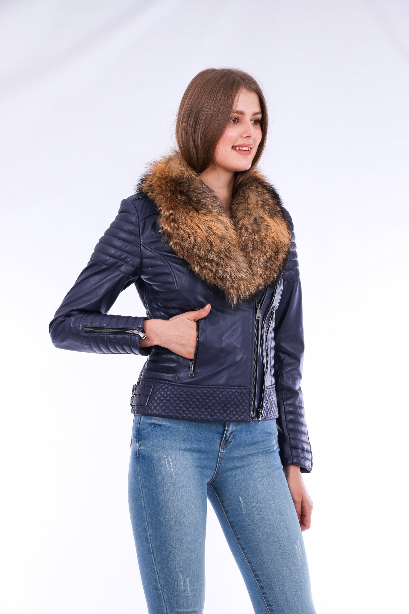 Milani Navy Blue Quilted Leather Biker Jacket - Premium Nappa Lambskin Women's Motorcycle Jacket - Style Queenz
